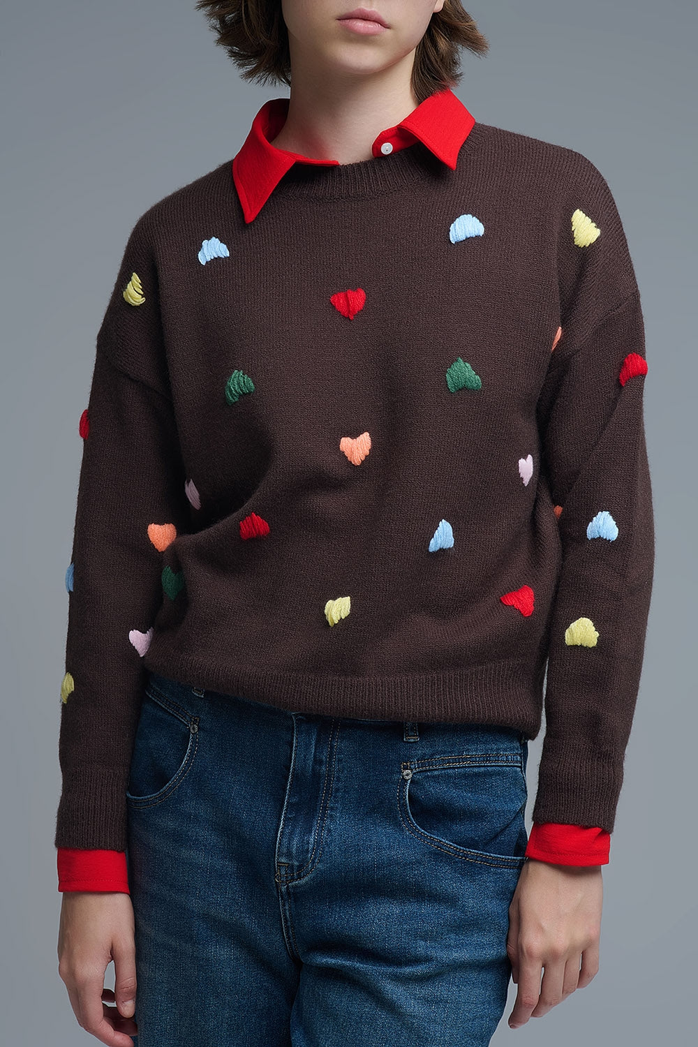 Brown Crew neck Sweater With Multicolor Embroidered Hearts (Pull à col ras du cou marron avec des cœurs brodés multicolores)