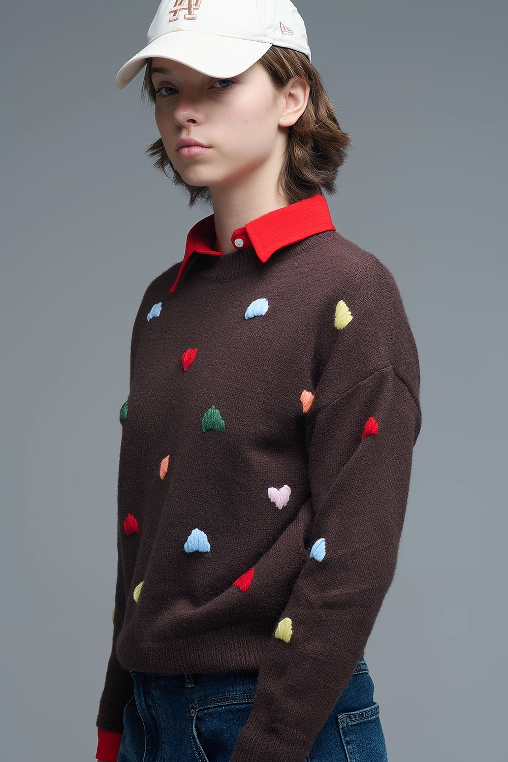 Brown Crew neck Sweater With Multicolor Embroidered Hearts (Pull à col ras du cou marron avec des cœurs brodés multicolores)