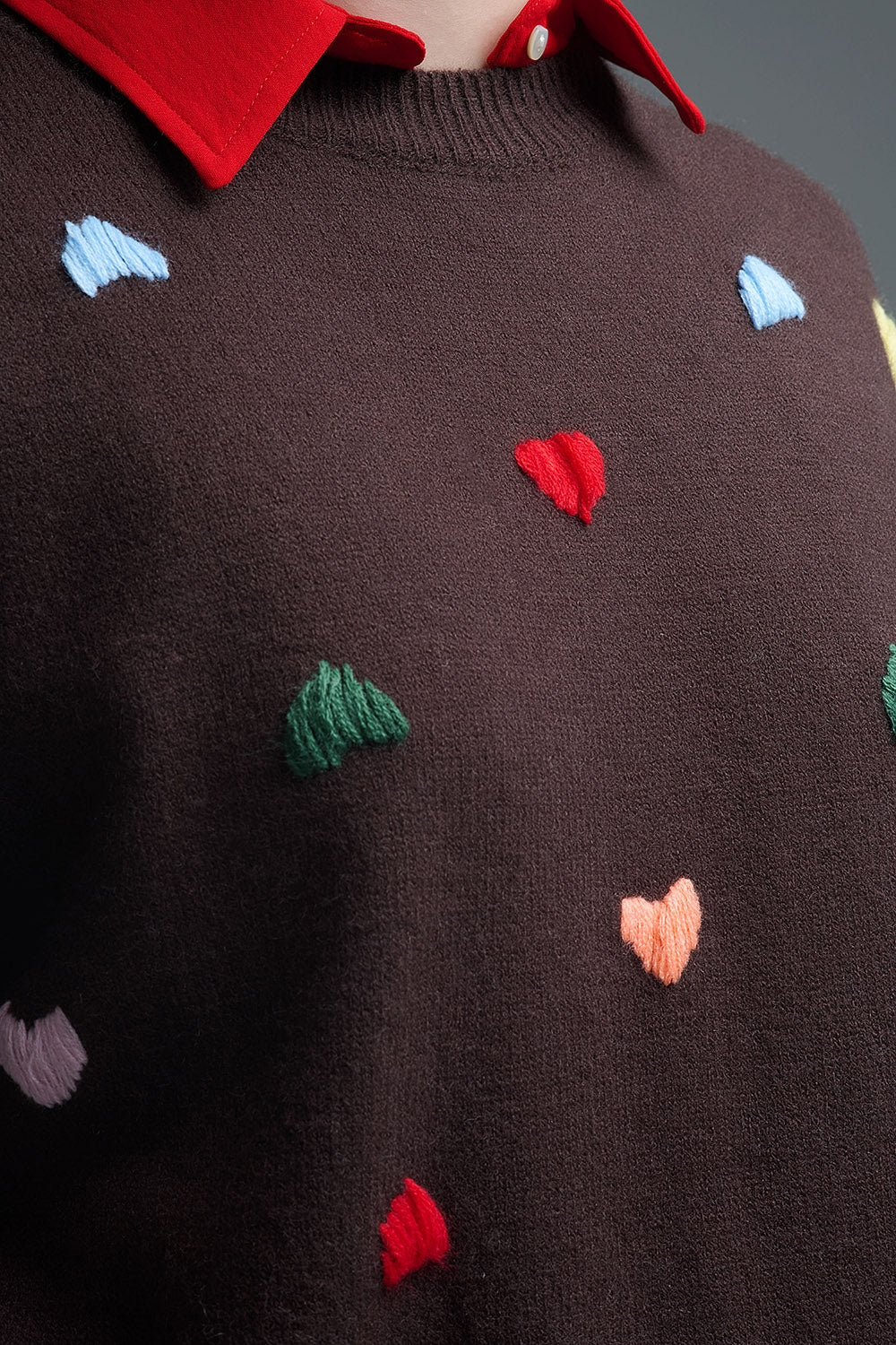 Brown Crew neck Sweater With Multicolor Embroidered Hearts (Pull à col ras du cou marron avec des cœurs brodés multicolores)