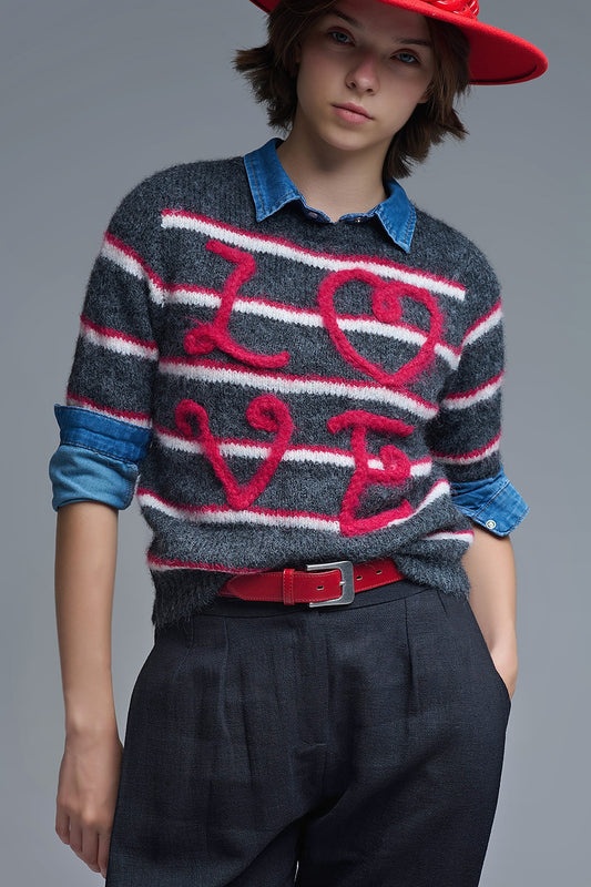 Pull Love brodé à manches courtes en gris foncé