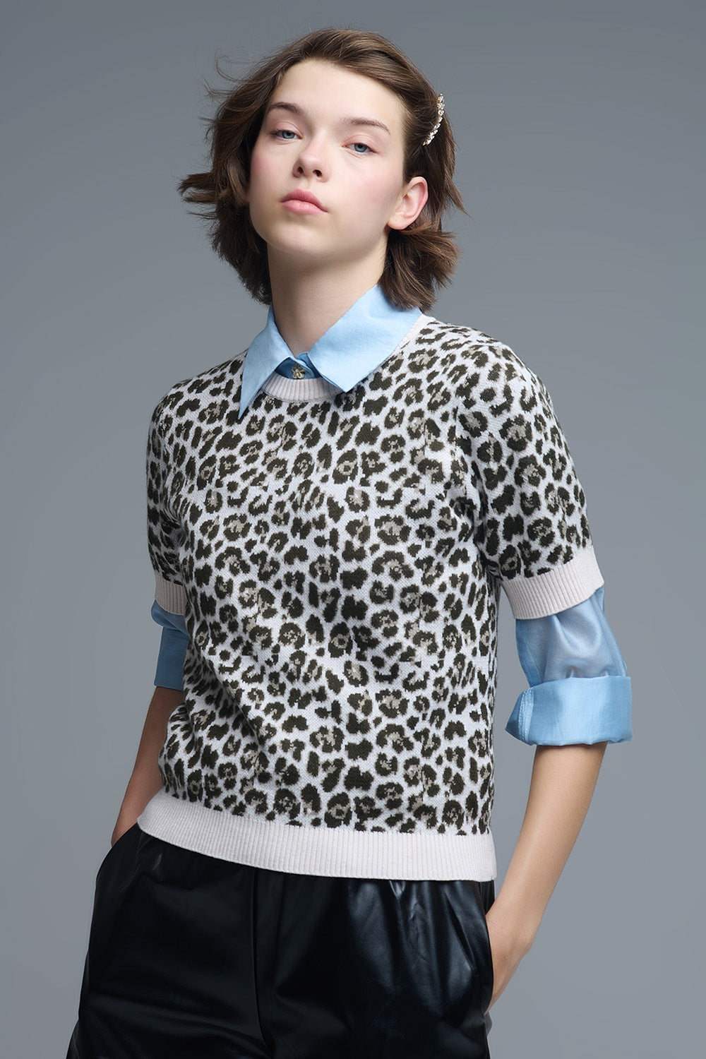 Pull chic à manches courtes imprimé léopard