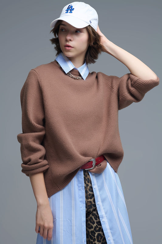Pull en tricot confortable côtelé camel