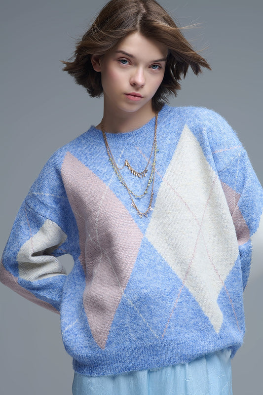 pull-over ample bleu ciel à motifs de losanges