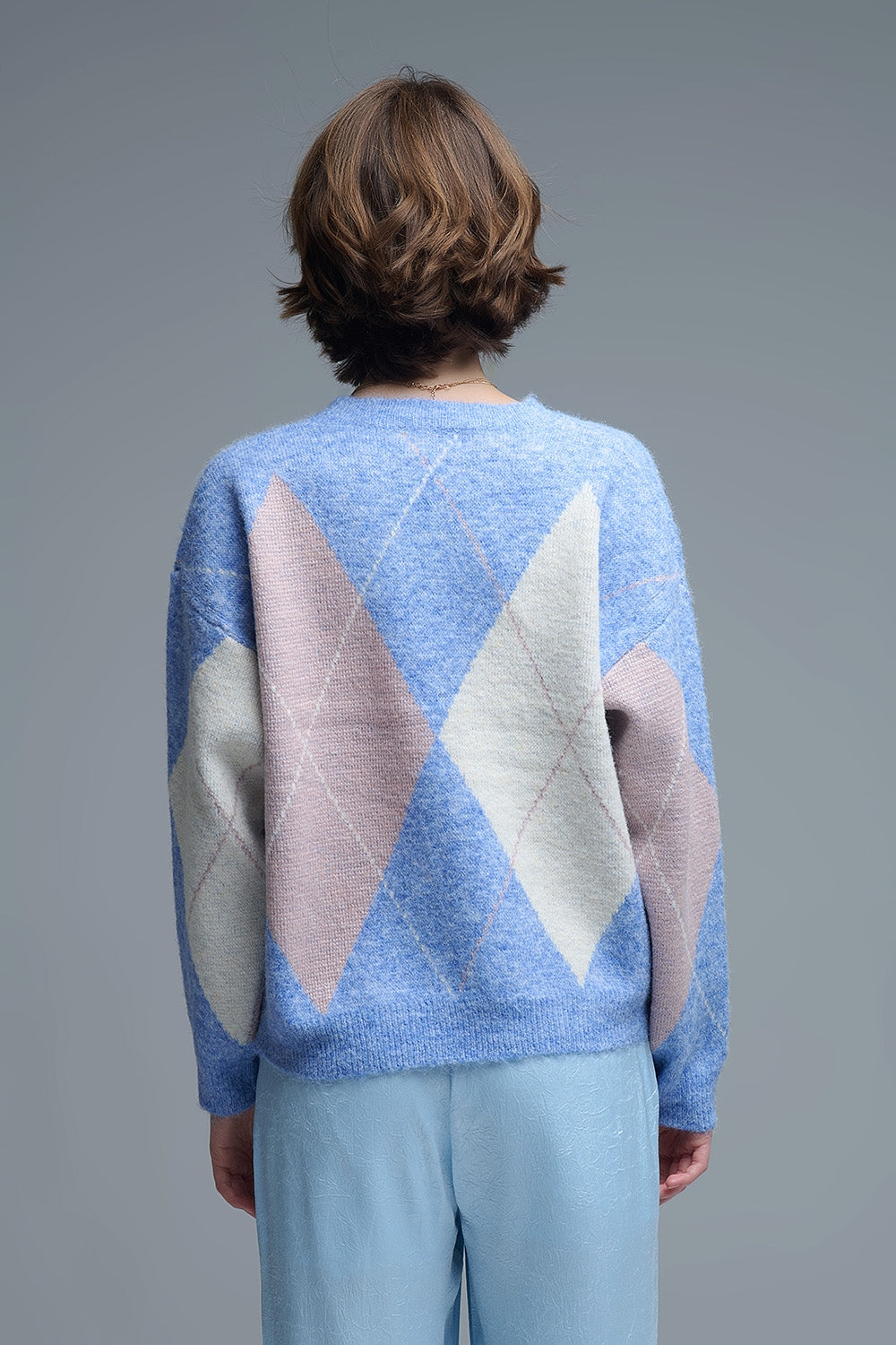 pull-over ample bleu ciel à motifs de losanges