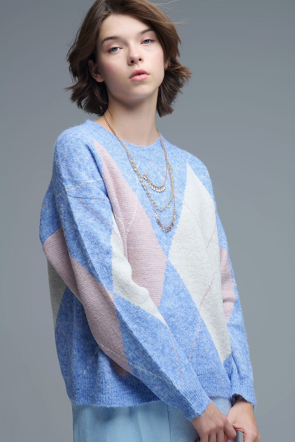 pull-over ample bleu ciel à motifs de losanges