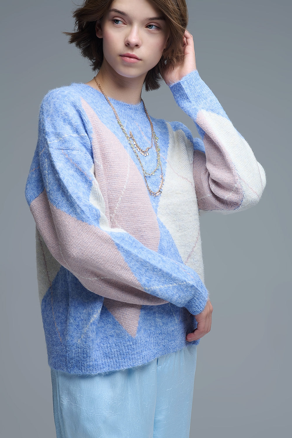 pull-over ample bleu ciel à motifs de losanges
