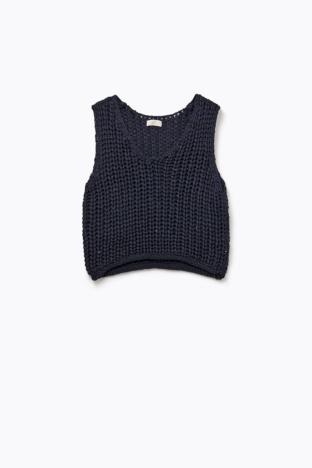 Gilet crocheté en marine avec fils pailletés