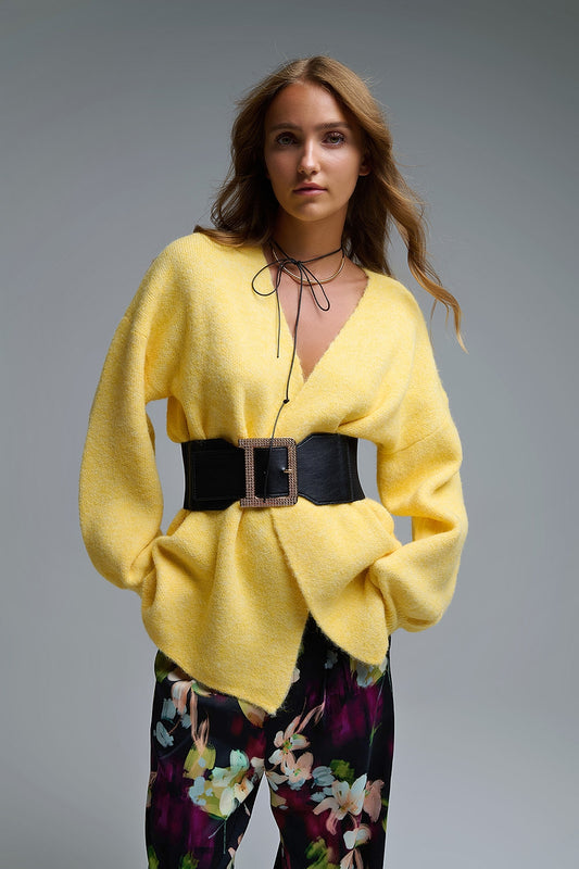 Gilet Cache-Cœur Tricoté Jaune Élégant