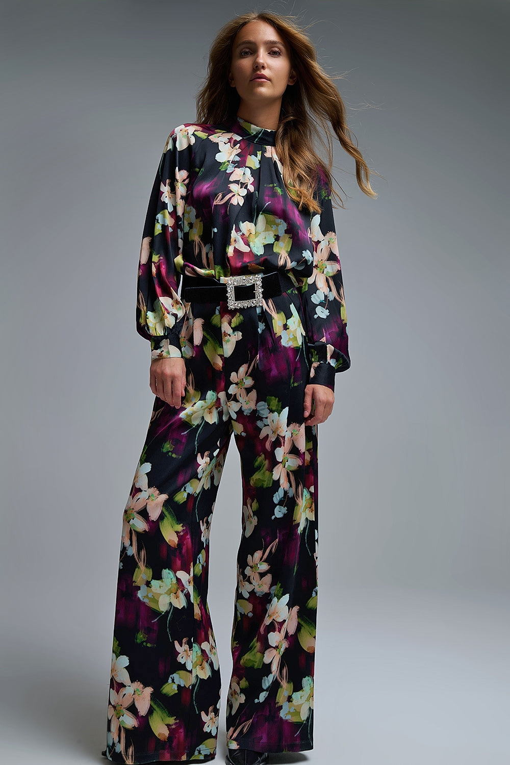 Pantalon fluide à imprimé floral en tissu satiné avec poches latérales