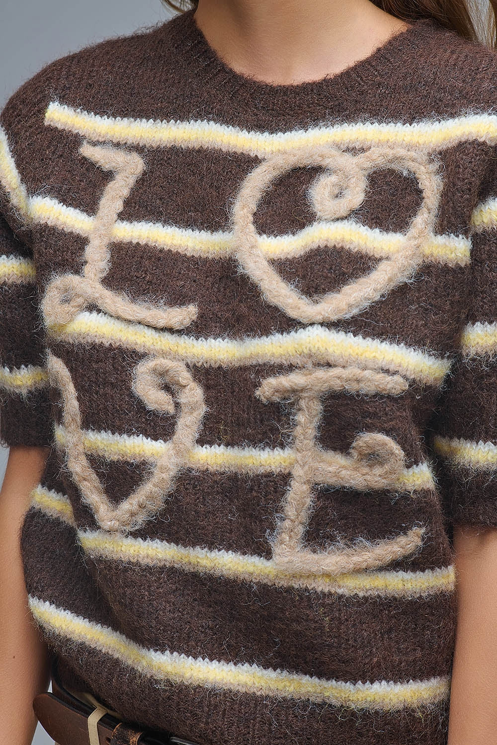 Pull Love brodé à manches courtes marron