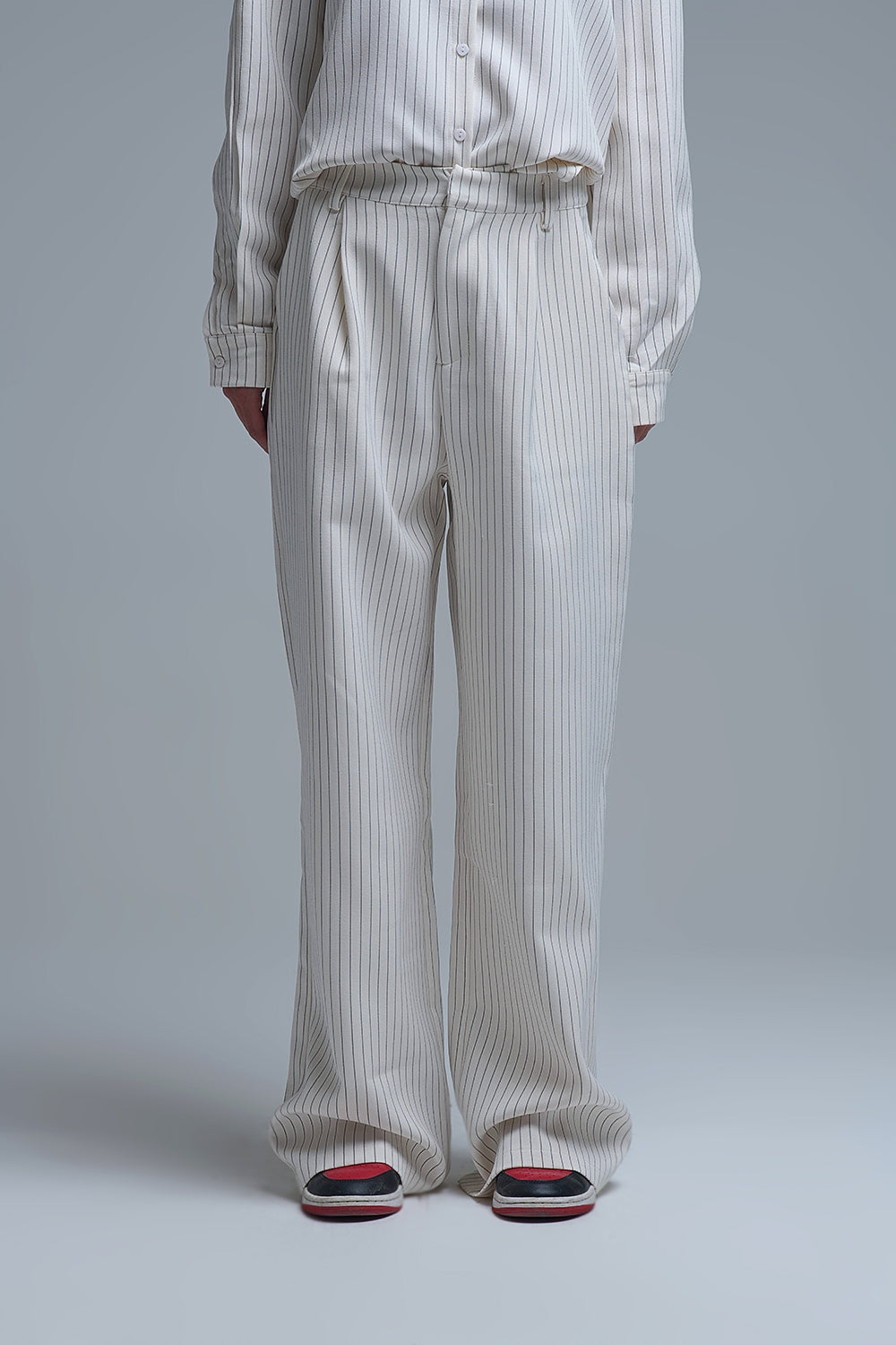 Pantalon large à rayures chic de couleur crème avec coupe doublée