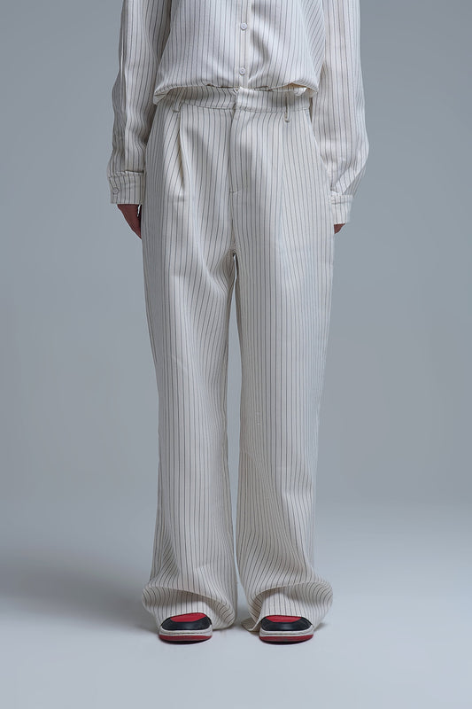 Pantalon large à rayures chic de couleur crème avec coupe doublée