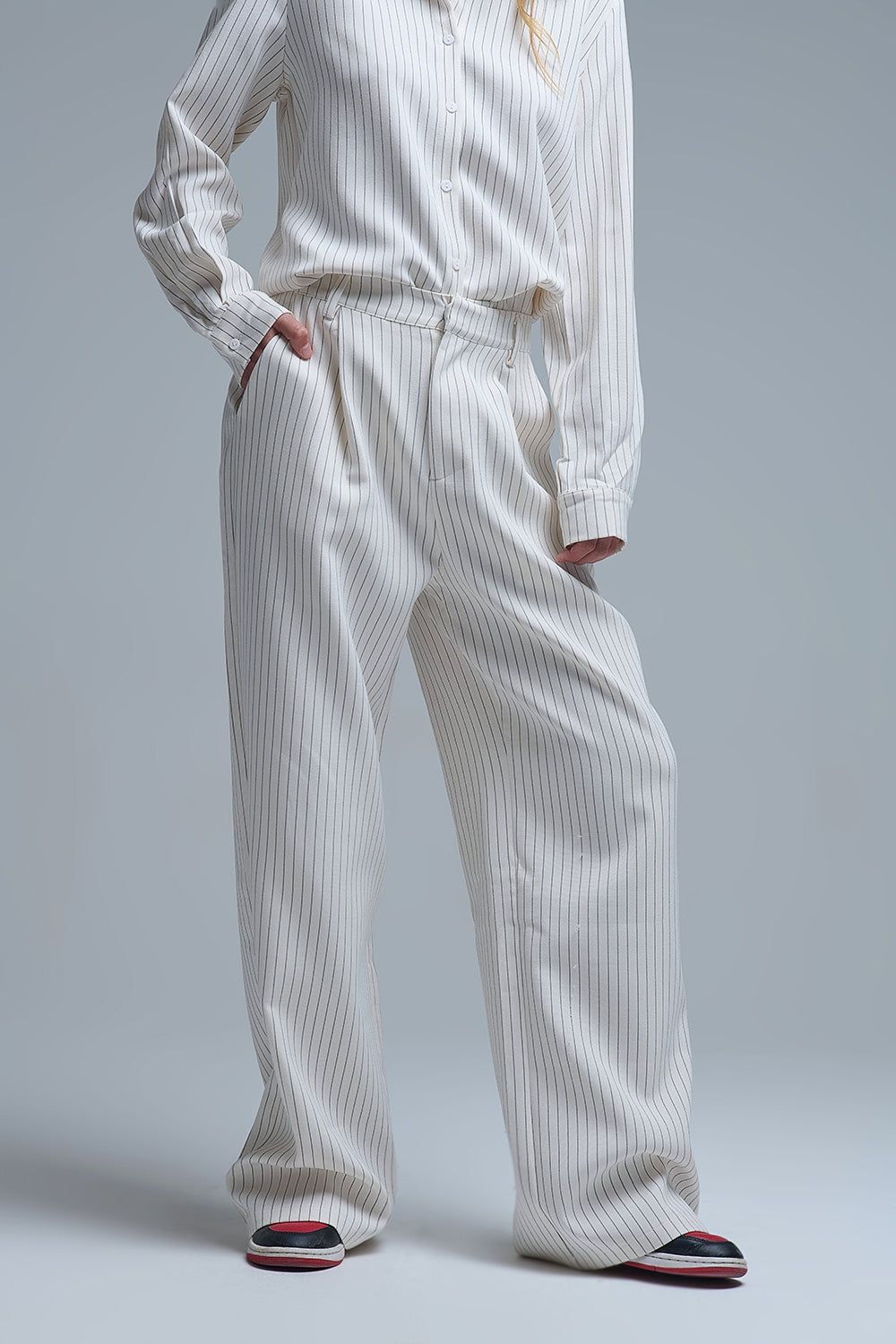 Pantalon large à rayures chic de couleur crème avec coupe doublée
