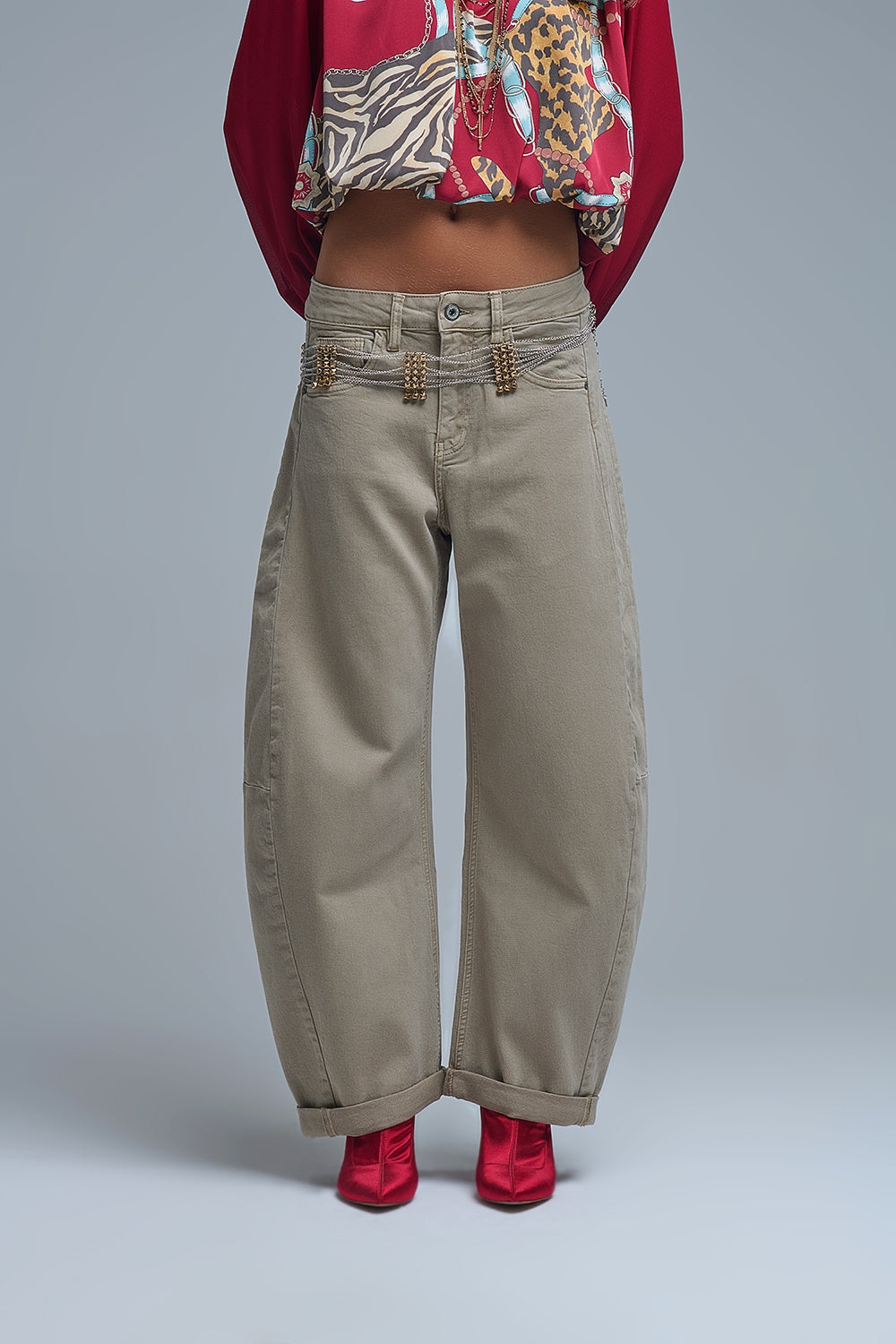Jean ballon Barrel beige tendance avec poches