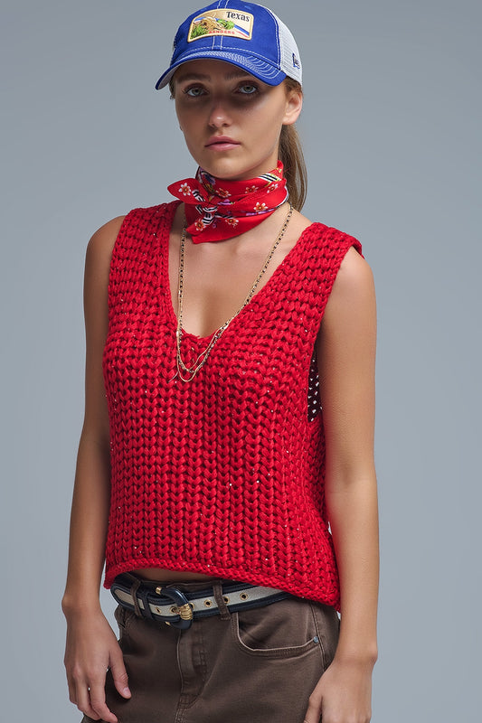 Gilet crocheté en rouge avec fils pailletés