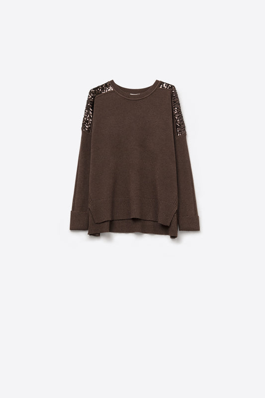 Pull à manches longues marron avec paillettes sur les épaules
