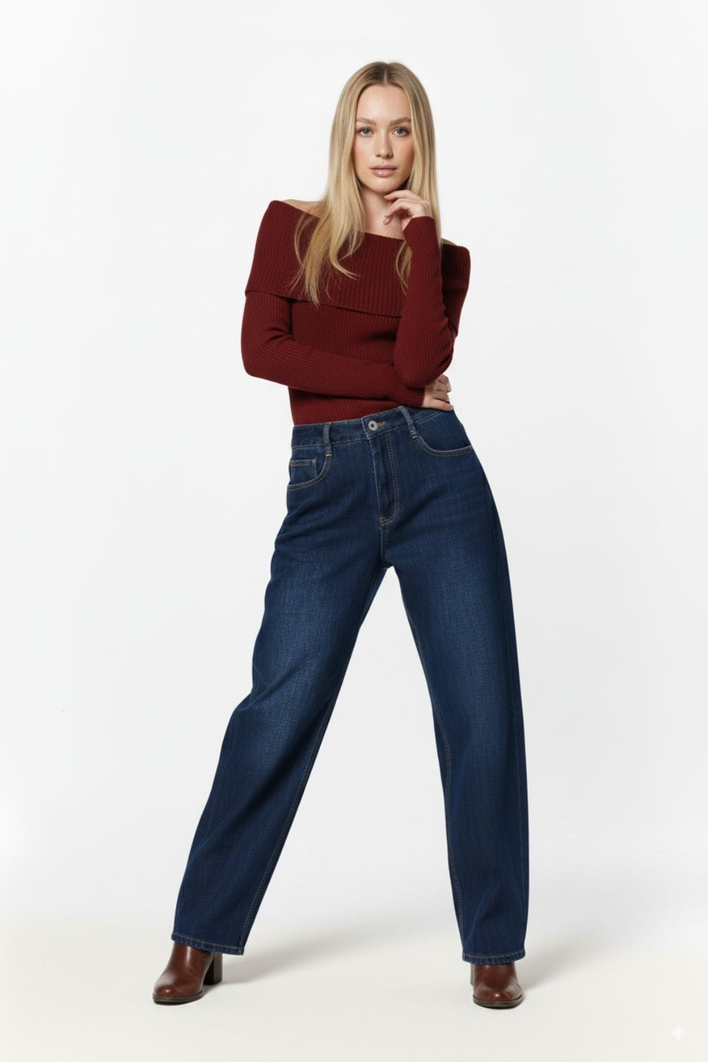 Jeans à jambe large avec fléchettes latérales en bleu profond