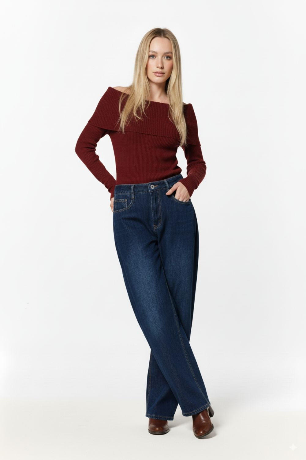 Jeans à jambe large avec fléchettes latérales en bleu profond