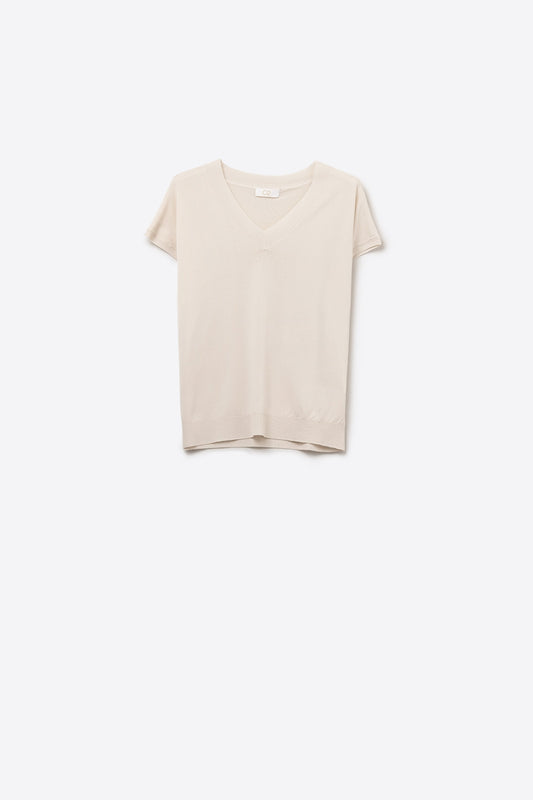 Pull Beige en maille légère à col en V et manches courtes