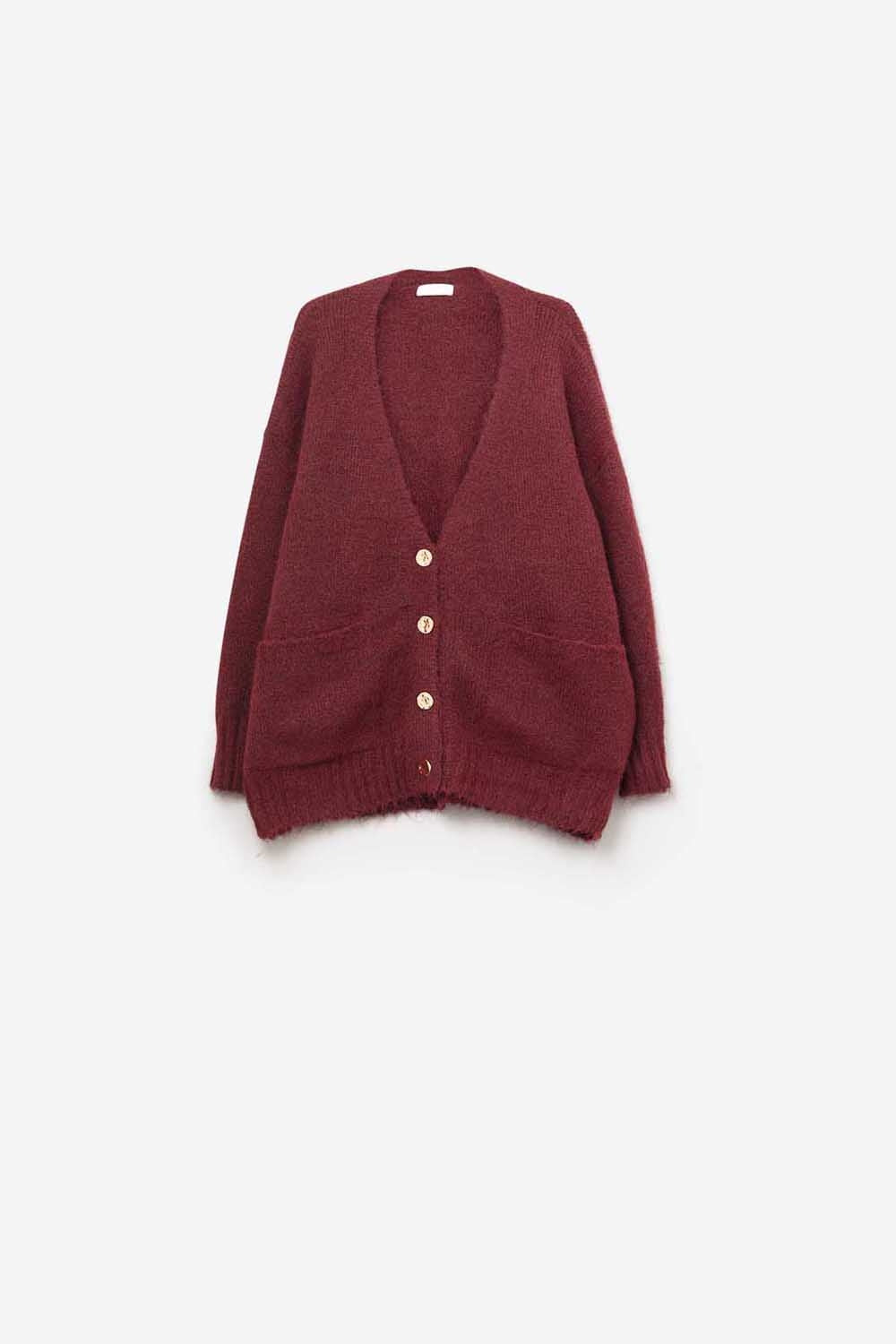 Cardigan surdimensionné en bordeaux avec boutons et poches dorés