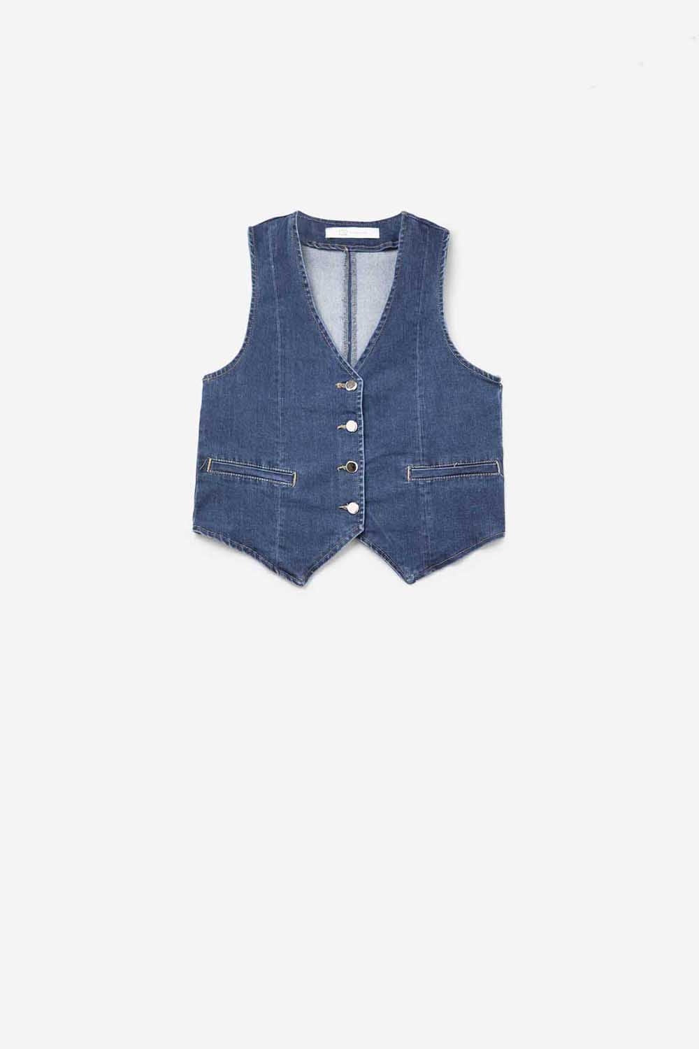 Gilet en denim bleu foncé avec boutons argentés