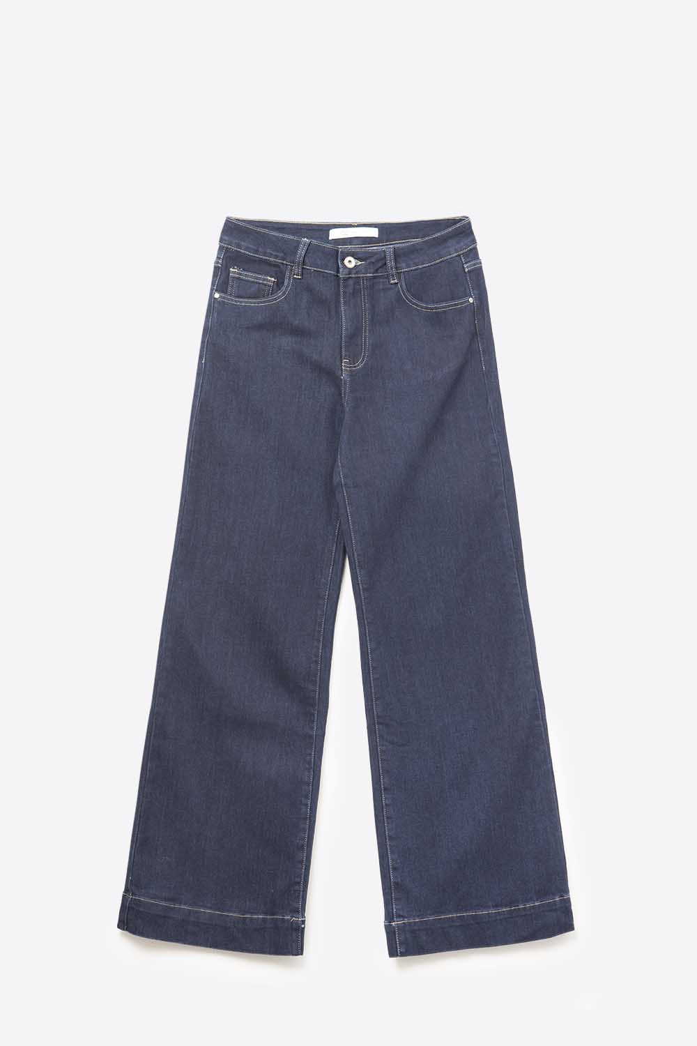 Jean à jambes larges taille haute en denim foncé avec surpiqûres contrastées