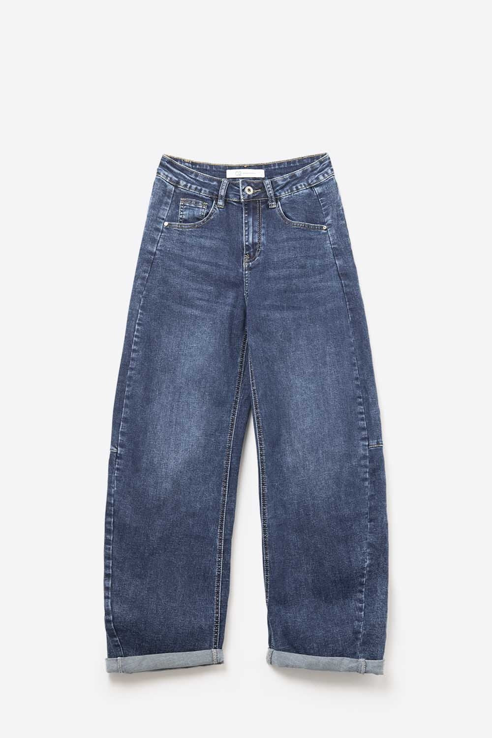 Jean en denim bleu foncé à jambes larges avec ourlet à revers et coutures latérales