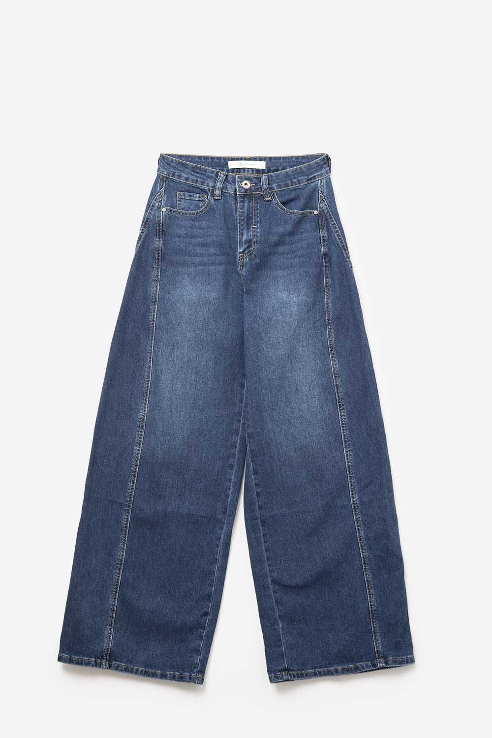 Jean classique à jambes larges en denim bleu avec couture