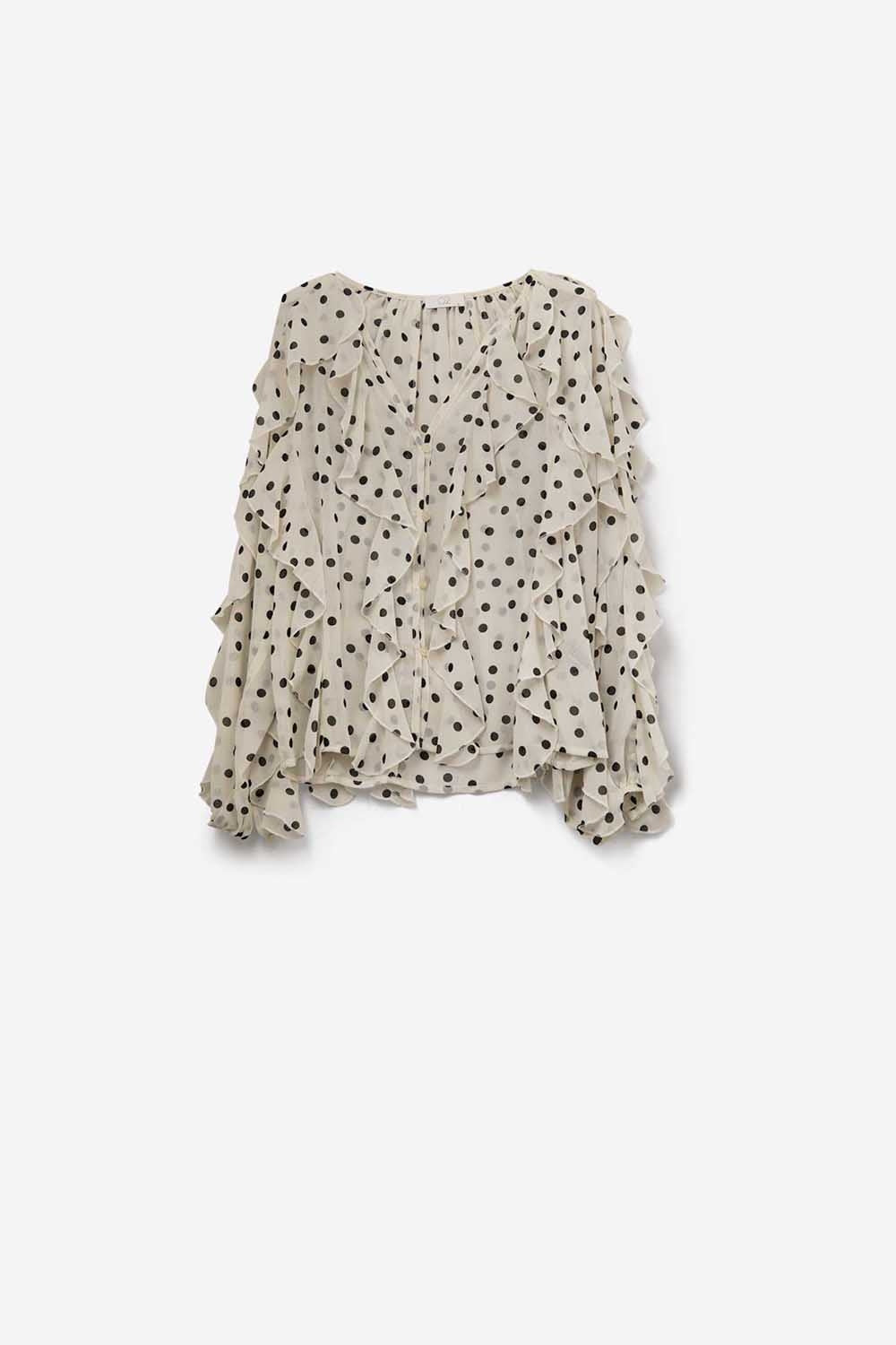 Chemise en mousseline de soie boutonnée à pois avec volants