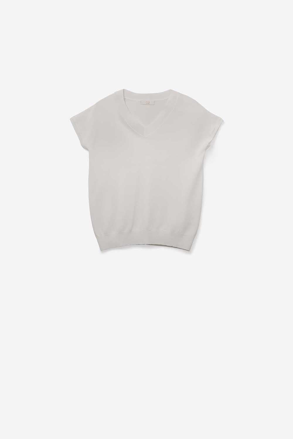 Pull blanc à col en V en maille légère et à manches courtes