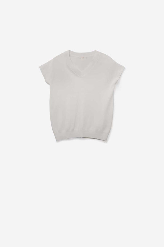 Pull blanc à col en V en maille légère et à manches courtes