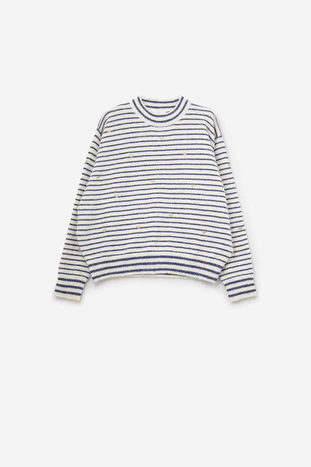 Pull en tricot à rayures bleues et brodé d'un coeur doré