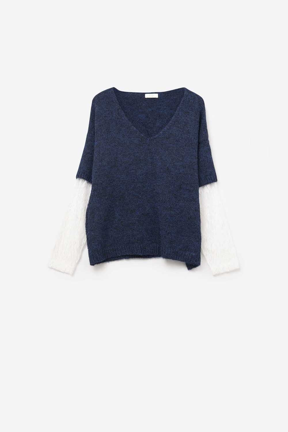 Pull à col en V contrasté marine avec manches en dentelle blanche contrastée