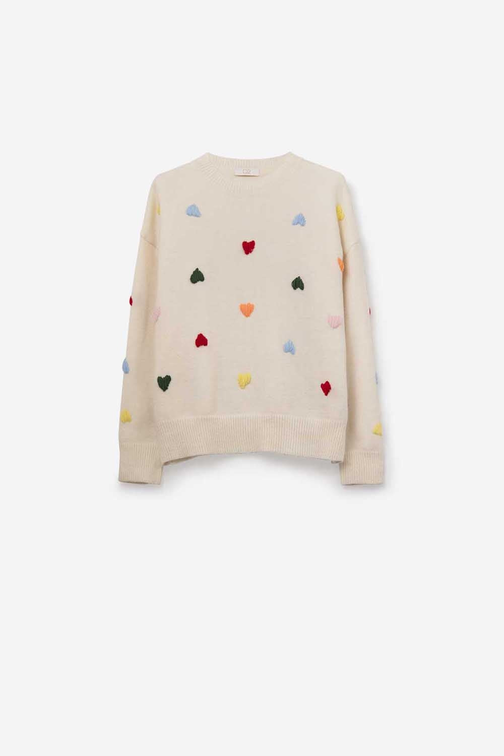 Pull crème avec cœurs brodés multicolores