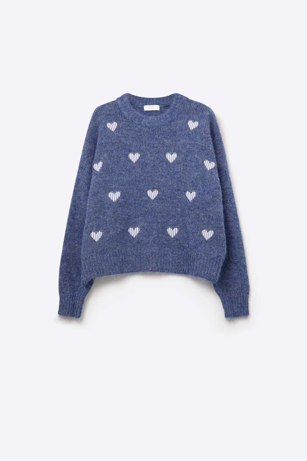 Pull bleu à col ras du cou et cœurs rayés