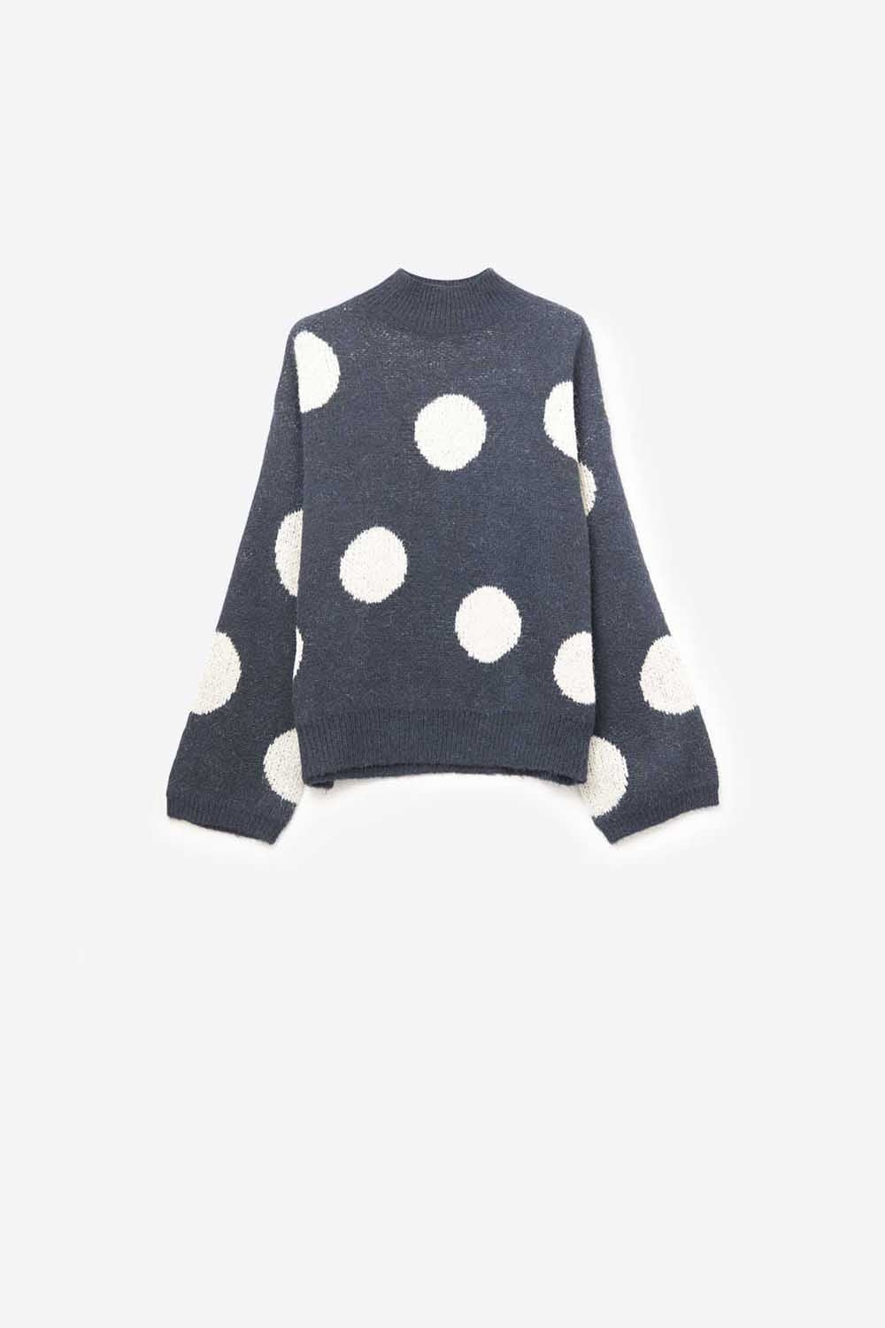 Pull à col haut à pois et manches cloche en bleu marine