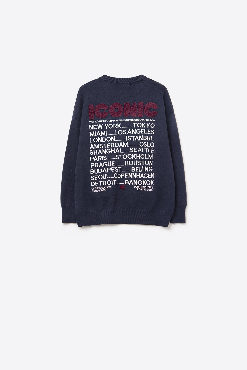 Pull ICONIC brodé avec imprimé Global Tour dans le dos en bleu marine