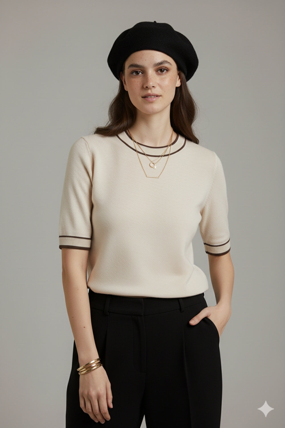 Pull blanc à manches courtes et lignes noires