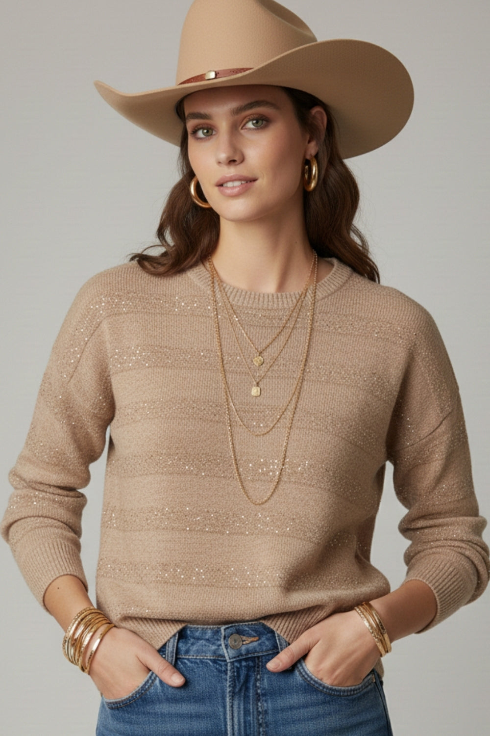 Pull en tricot rayé beige avec paillettes