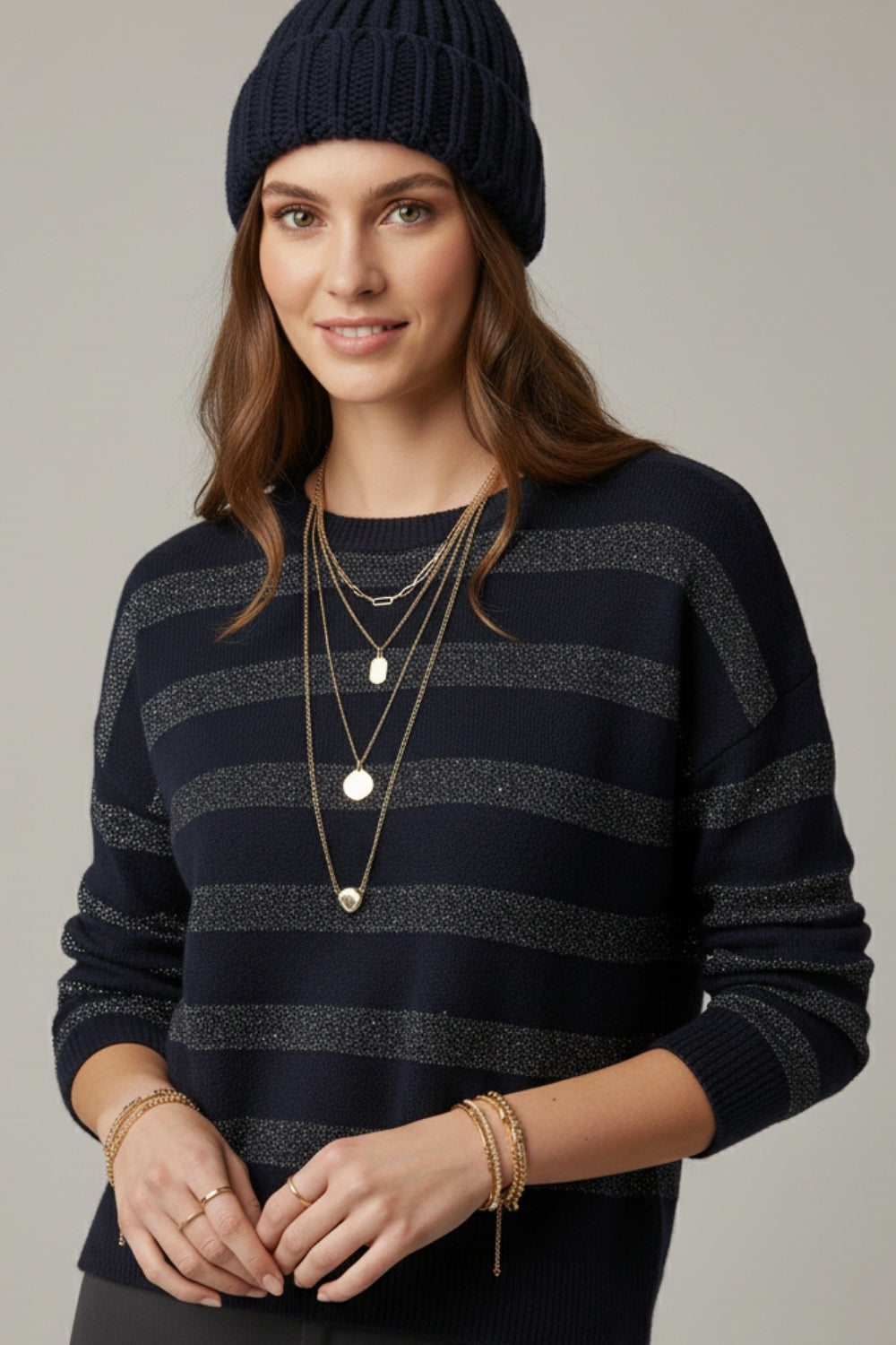 navy Pull en tricot rayé avec paillettes