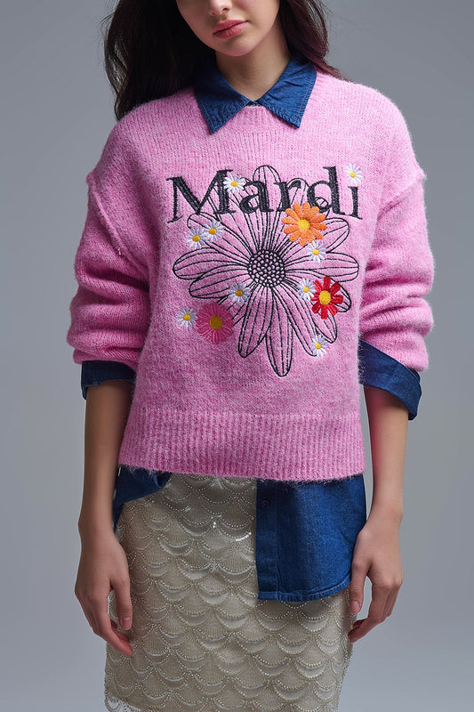 Pull Mardi brodé rose avec fleurs