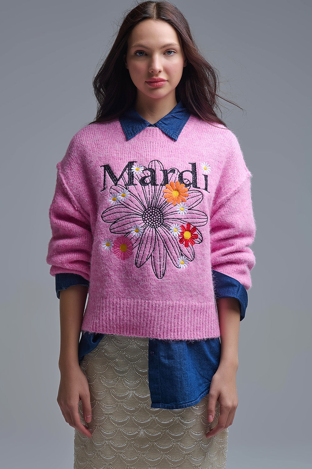 Pull Mardi brodé rose avec fleurs