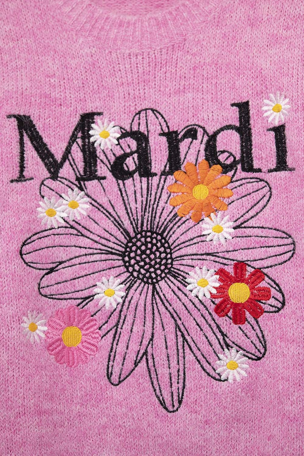 Pull Mardi brodé rose avec fleurs