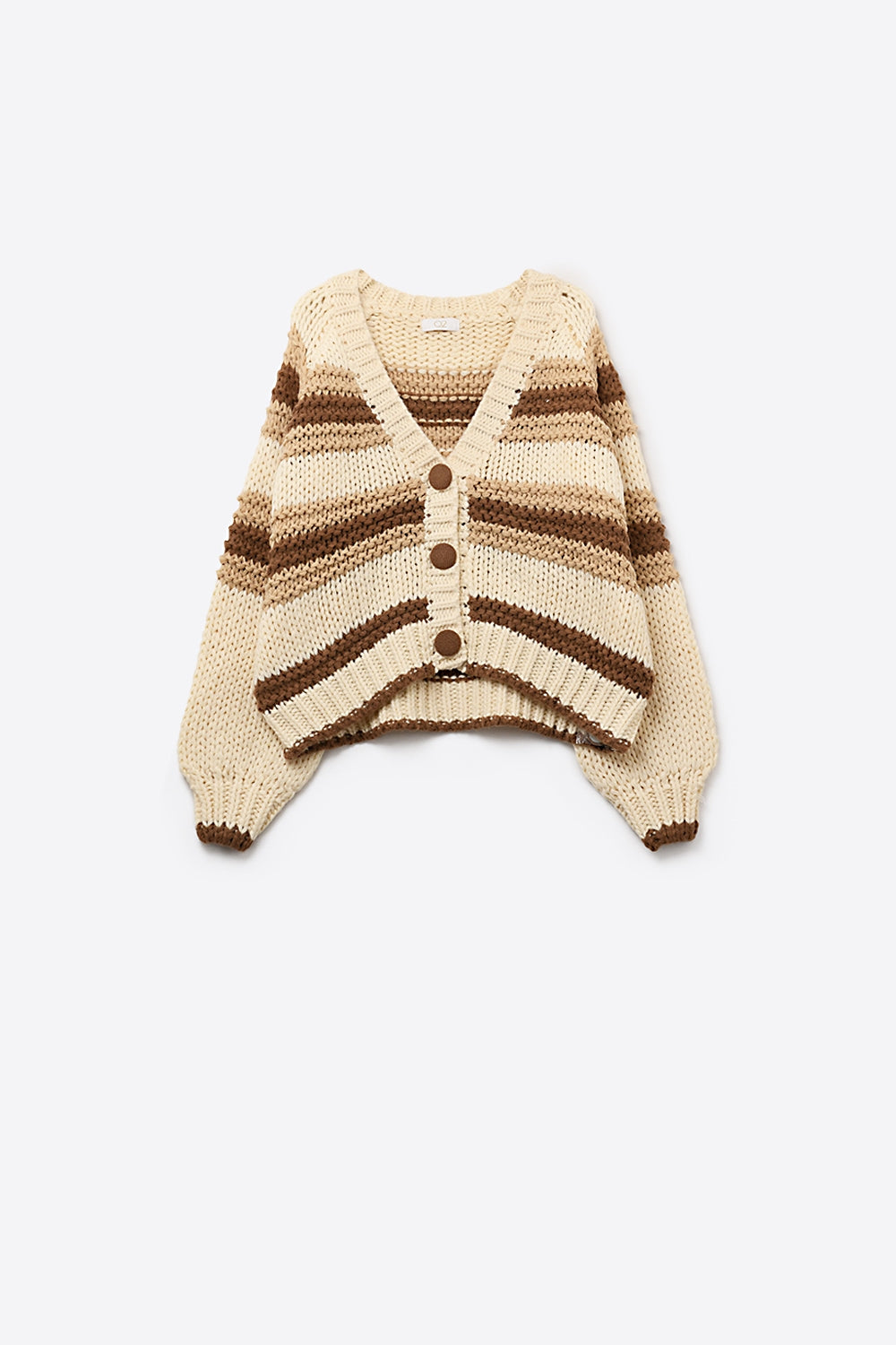 Cardigan en maille épaisse à col en V rayé de brun et de camel