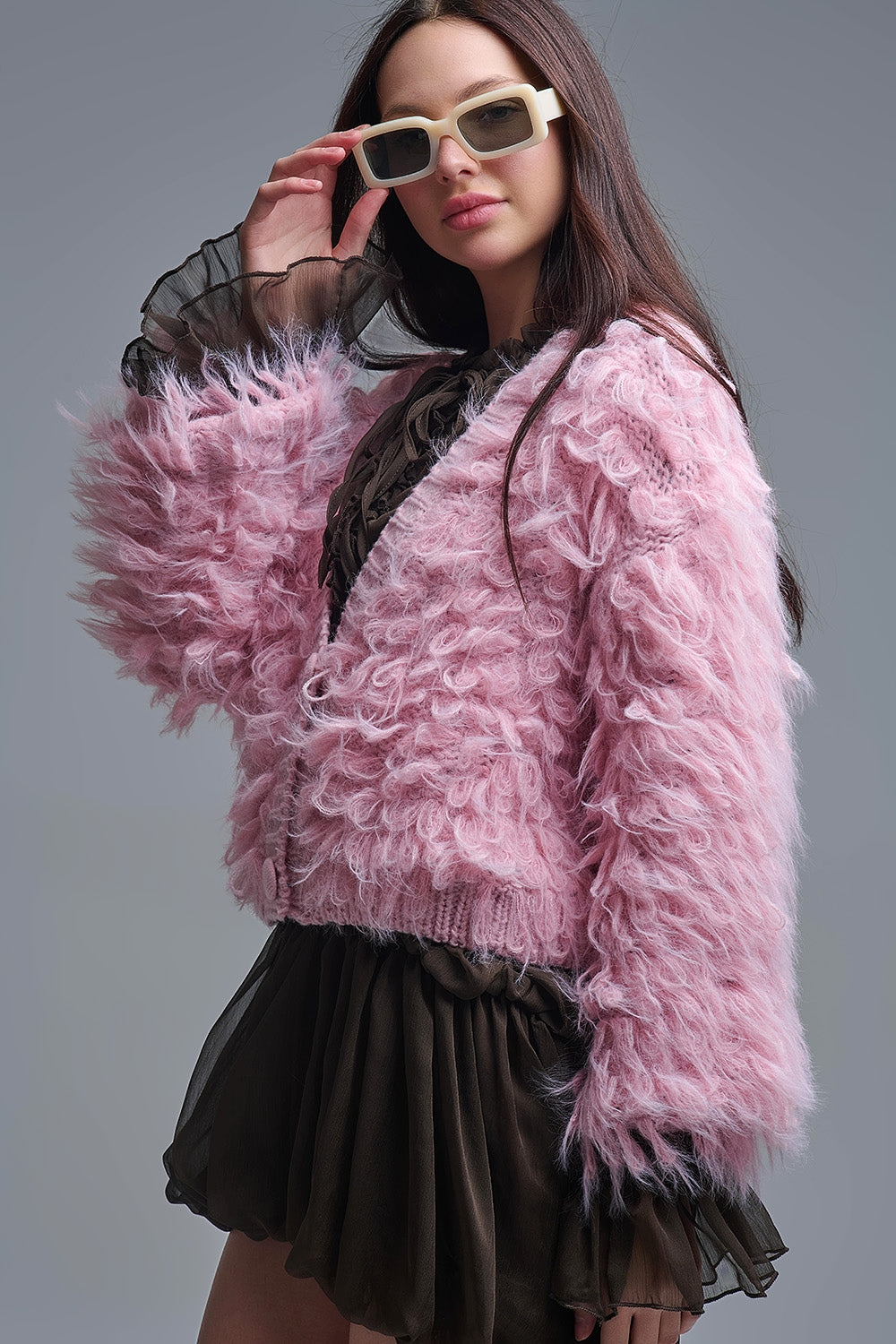 Gilet en grosse maille duveteuse rose