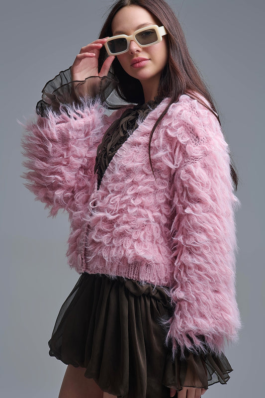 Gilet en grosse maille duveteuse rose