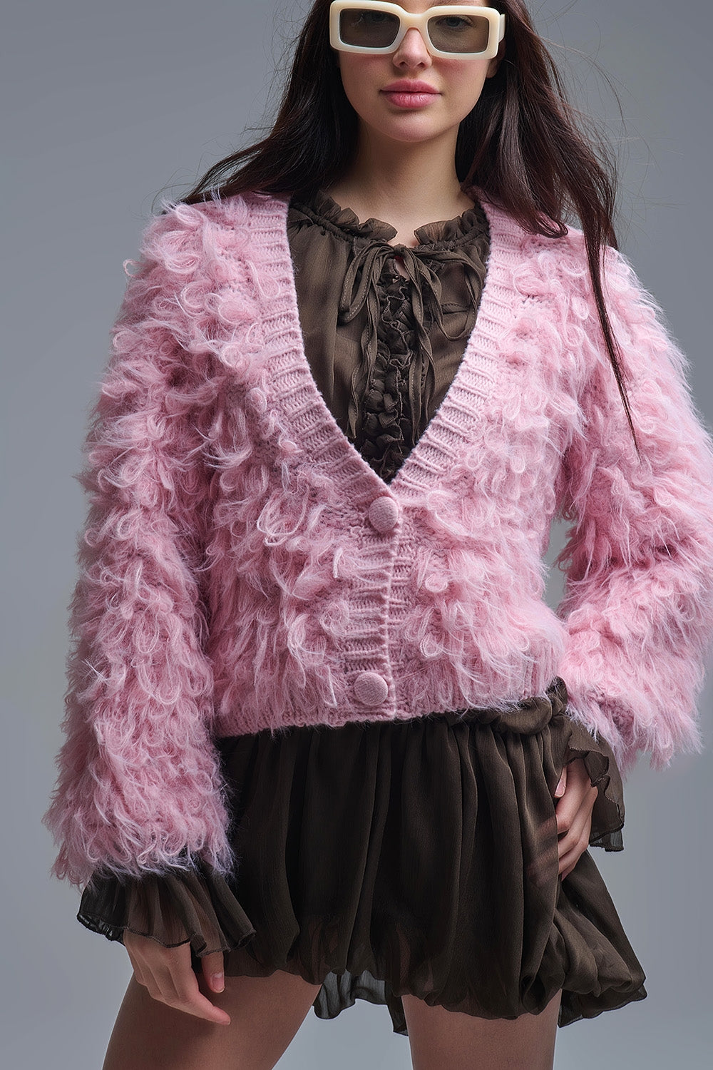 Gilet en grosse maille duveteuse rose