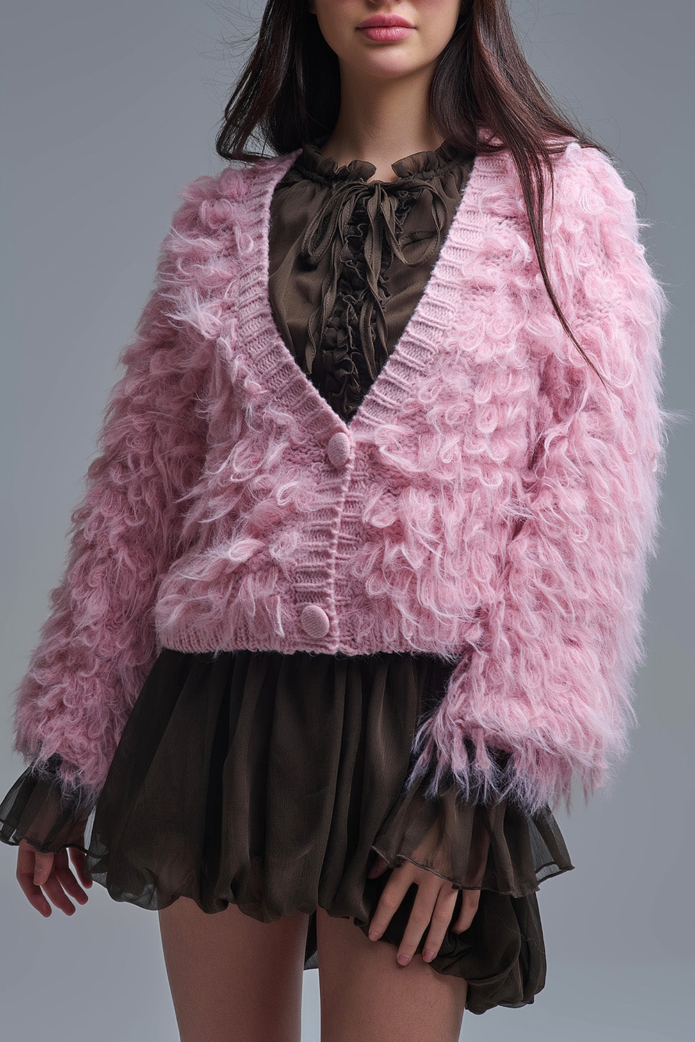 Gilet en grosse maille duveteuse rose
