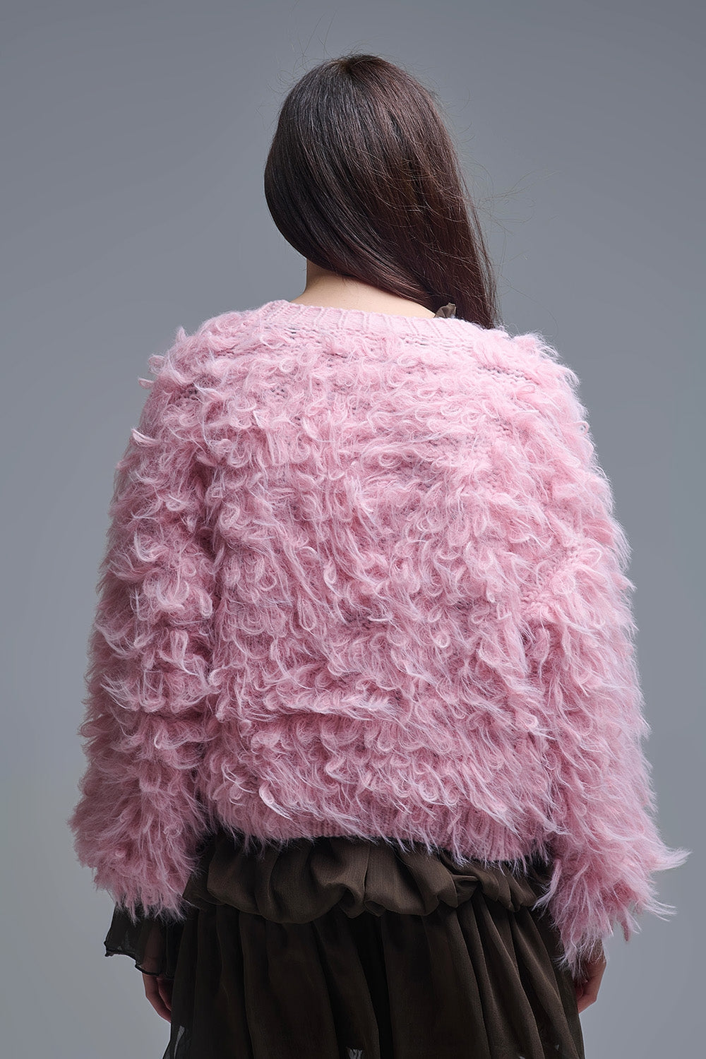 Gilet en grosse maille duveteuse rose