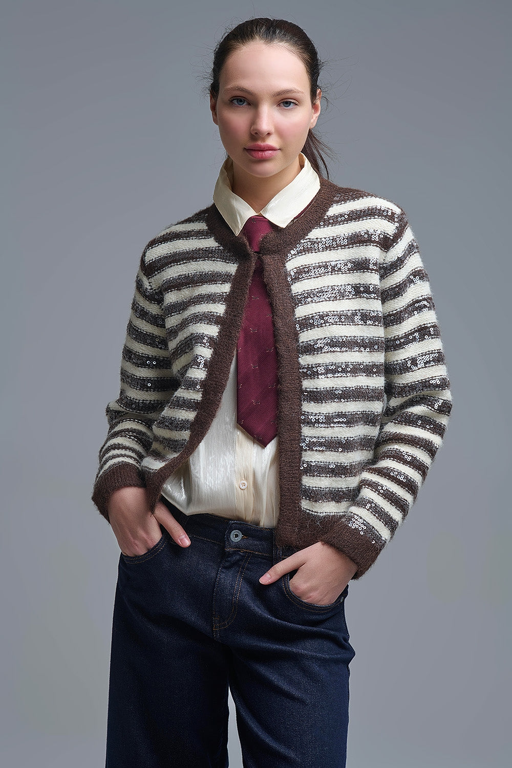 Cardigan à rayures avec paillettes en brun et crème